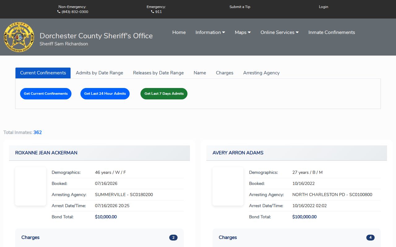 Dorchester County booking record search interface